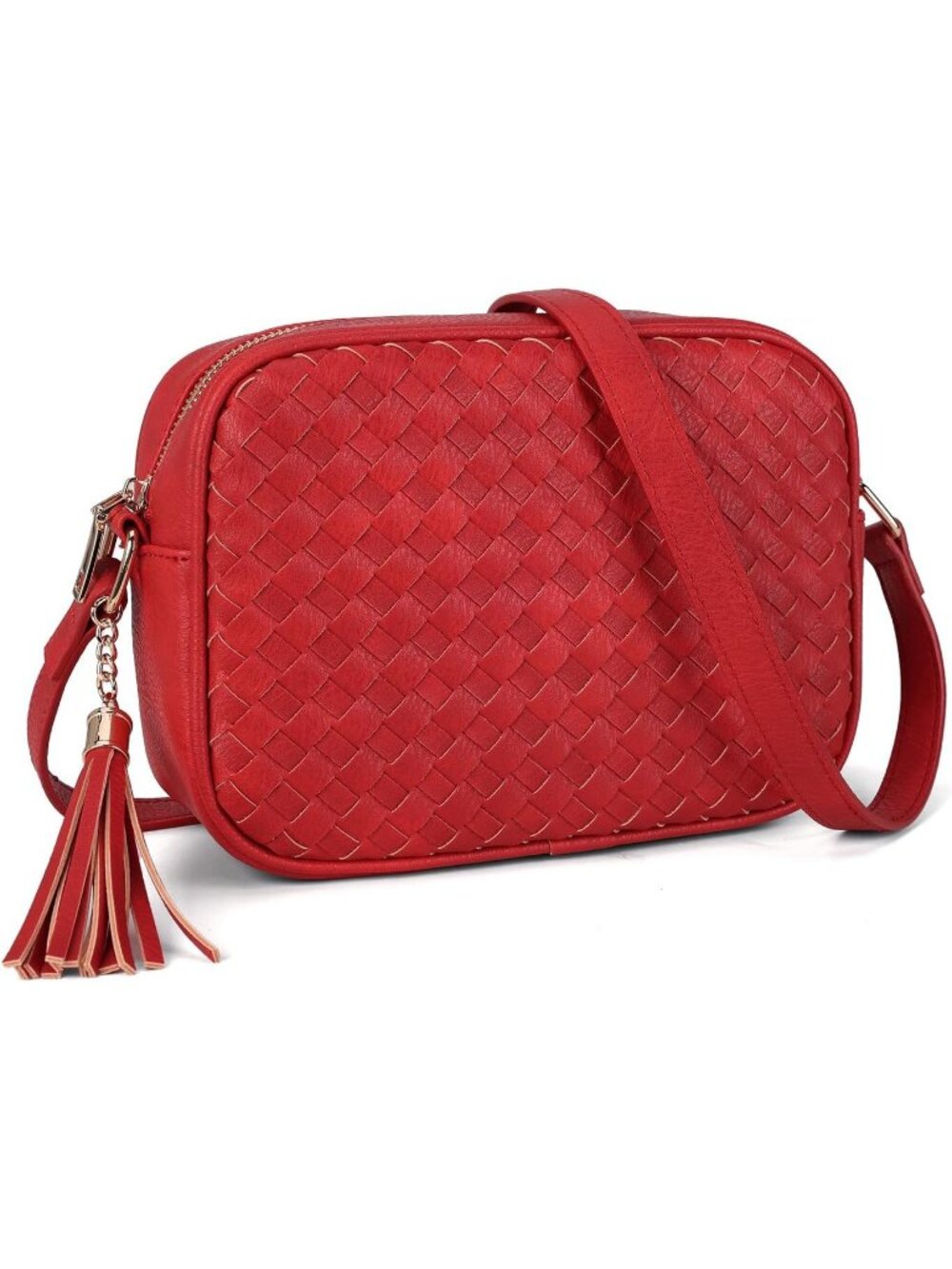 Women's Red Woven Small Boho Purse Vegan Zipper Leather Crossbody Bag